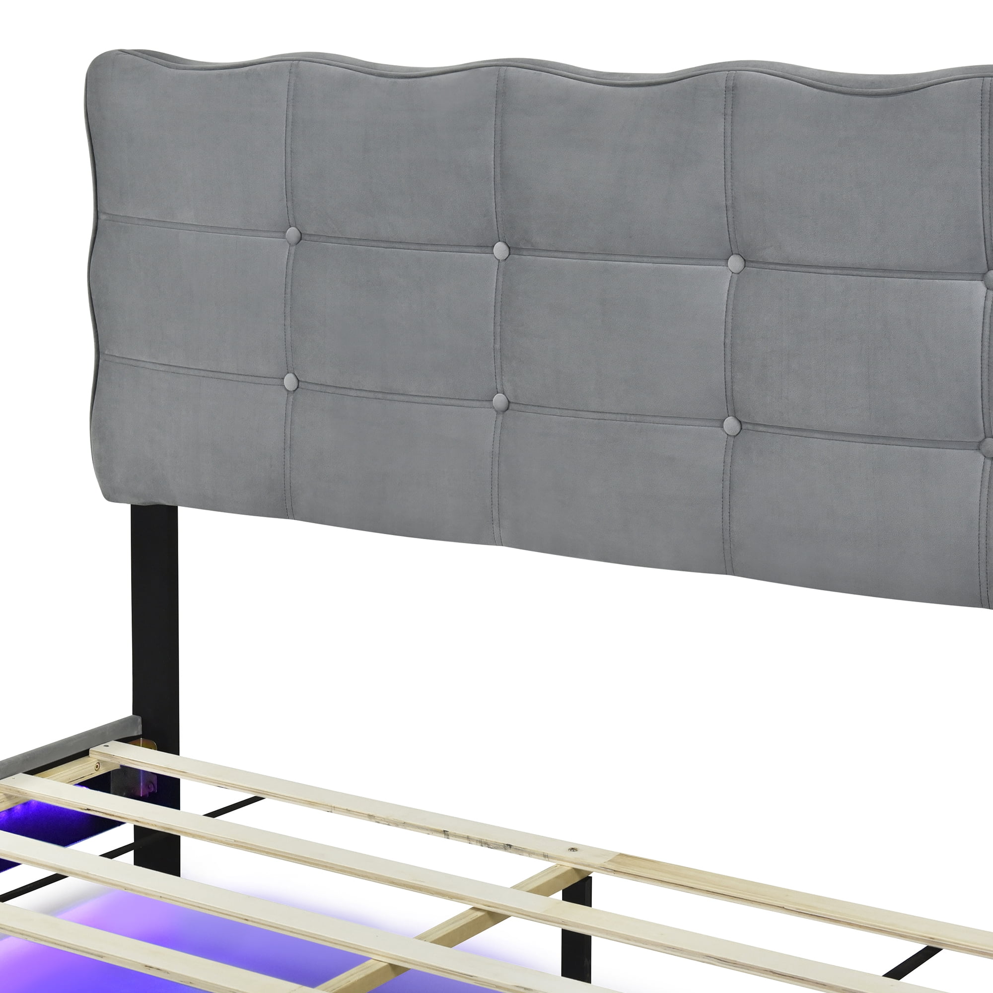 Miniyam Velvet Upholstered Platform Bed, Queen Size LED Bed Frame with Button Tufted Design Headboard and Solid Wood Slat Support, Gray