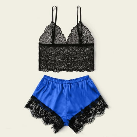 

Cathalem Honeymoon Outfits for Women Satin Lingerie Pajamas Underwear Lace Underwear Silk Big Bust Lingerie for Women Underwear Blue Medium