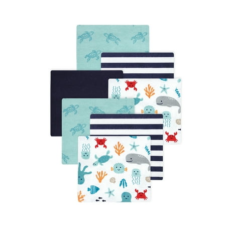Little Treasure Hudson Baby Boys Cotton Poly Flannel Receiving Blankets 7-Pack, Blue Sea Characters, 30x30 inches
