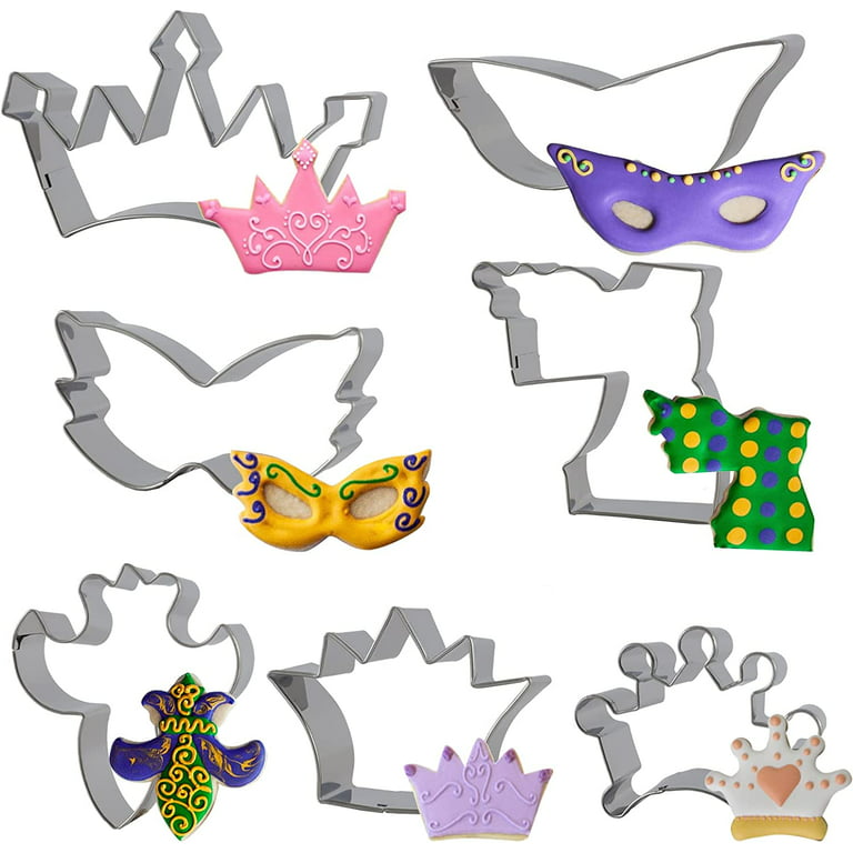 7 Pack Mardi Gras Cookie Cutter Set Stainless Steel Crown, Mask, Fleur de  Lis, New Orleans Fat Tuesday Themed Dough Fondant Biscuits Molds 