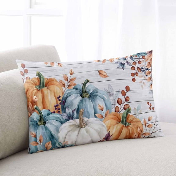 Orange Blue Grey Pumpkins Fall Throw Pillow Covers, Thanksgiving Botanical Vintage Soft Breathable Pillow Cases with Zipper for Sleeping, Body Pillowcases for Couch Bed Sofa Chair 24x36 Inches