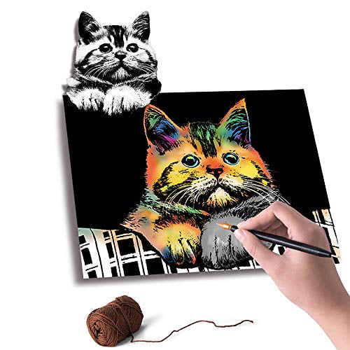 for Kids & Adults Rainbow Painting Night View Scratchboard Art Craft Scratch Art Paper Crafts Set: 4 Scratch Cards Tiger/Leopard/Lion/Wolf & Scratch Drawing Pen Clean Brush Ferocious Animals A4 