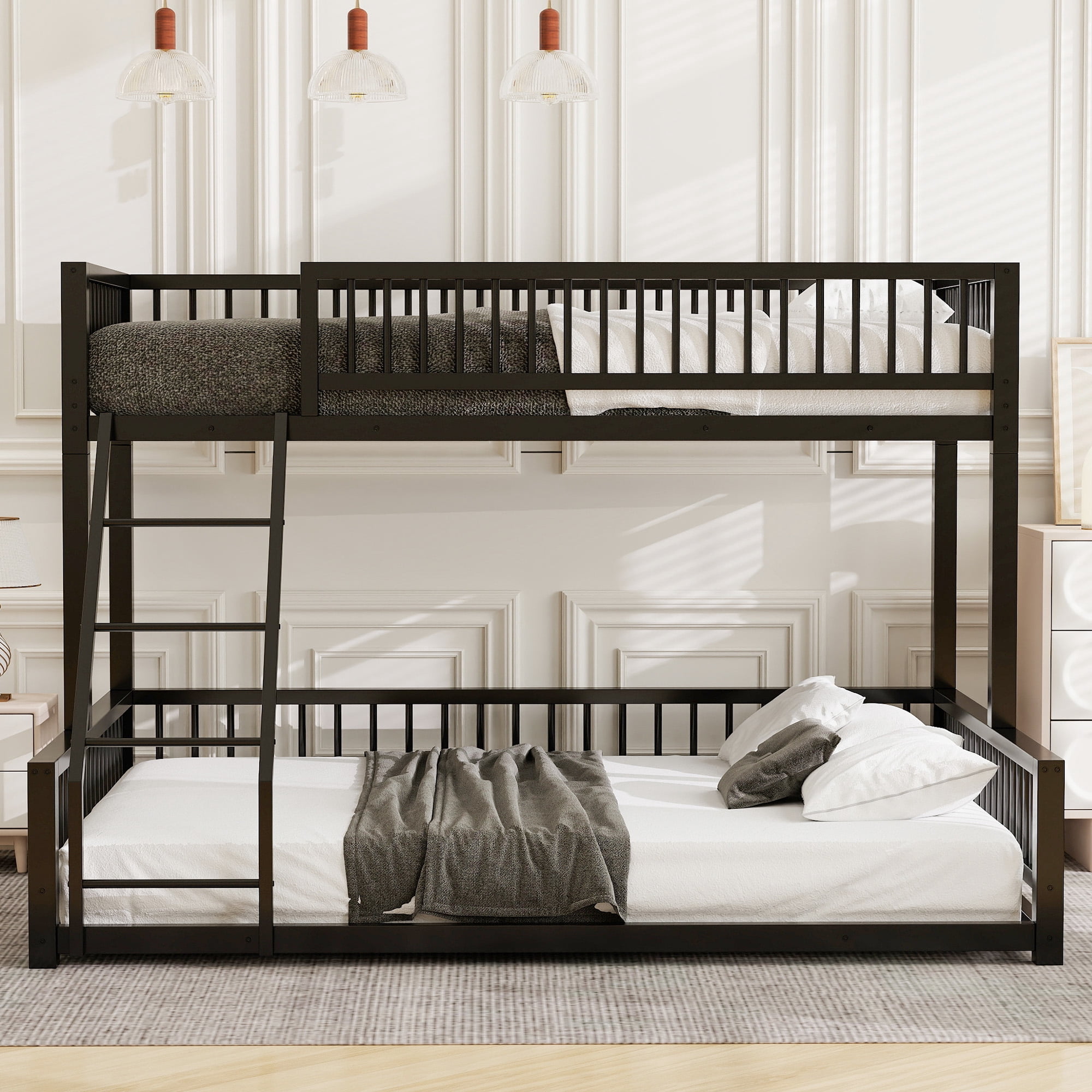 Leumius Twin XL over Queen Bunk Bed,Heavy Duty Metal Bunk Beds for Adults and Kids,Floor Bed Frame with Ladder and Safety Guardrails, Easy Assemble,Black