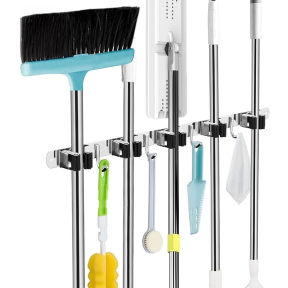 5 Racks and 4 Hooks Mop and Broom Holder Wall Mount, Self Adhesive Heavy Duty Laundry Room, Garage Organization Storage