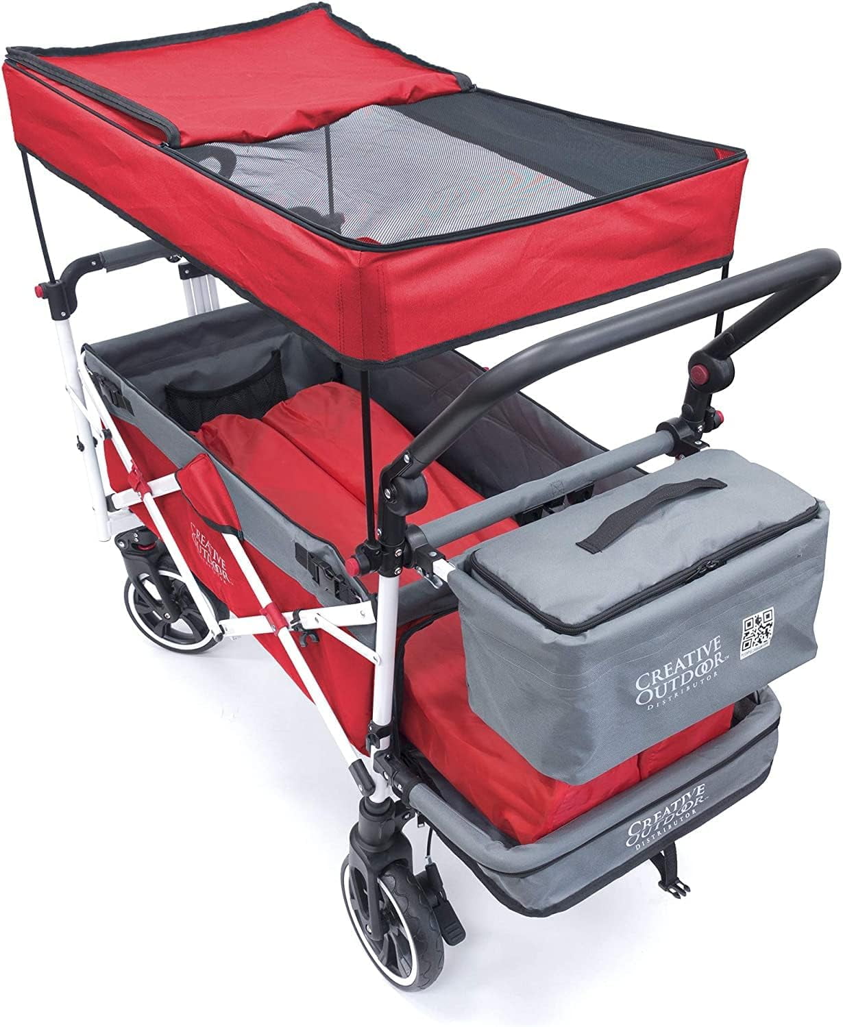 Creative Outdoor Titanium Series Push Pull Wagon Stroller with Canopy Folding Wagon for Kids, Red/Gray