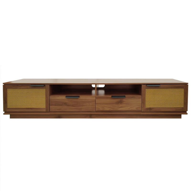 TV Stand Table for TVs Up to 85-in, Media Console Entertainment Center with Rattan Doors, Two Drawers and Open Shelving