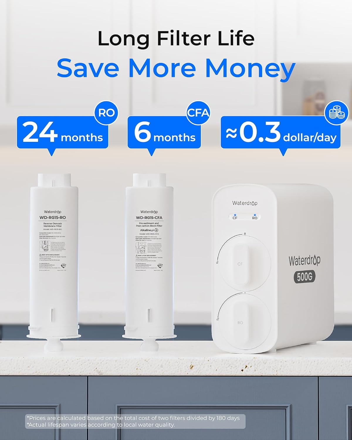 Waterdrop G5P500A Alkaline Mineral pH+ Reverse Osmosis Water Filter, NSF/ANSI 372 Certified, 8 Stage Reverse Osmosis System, 500G RO Water Filtration System, 2:1 Pure to Drain, Reduces TDS, BPA Free