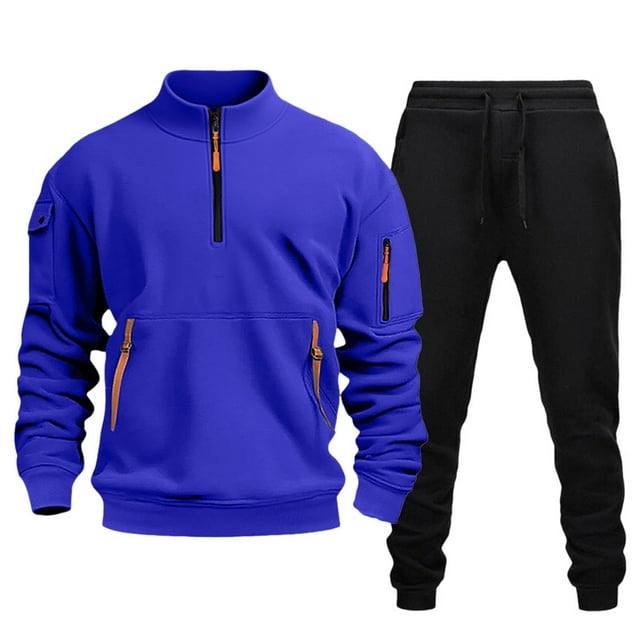 Ccpelsie Men's 2 Piece Track Suit Set Jogging Sweatsuit Workout Quarter Zip Suit Fit Fall Winter with Multi Pockets(Blue,L)
