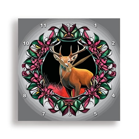 3dRose, A White Tailed Deer Surrounded By A Wreath Of Mountain Laurel Tattoo , 15x15 Wall Clock