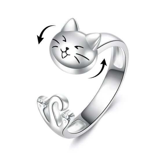 Cat Anxiety for Women Ring Sterling Silver Cat Spinner Fidget Rings Relieve Open Adjustable Thumb Rings Stress Jewelry Gifts for CatLovers