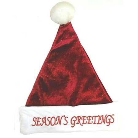 17" Red Glitter Plush Santa Hat "Season's Greetings" - Size Medium