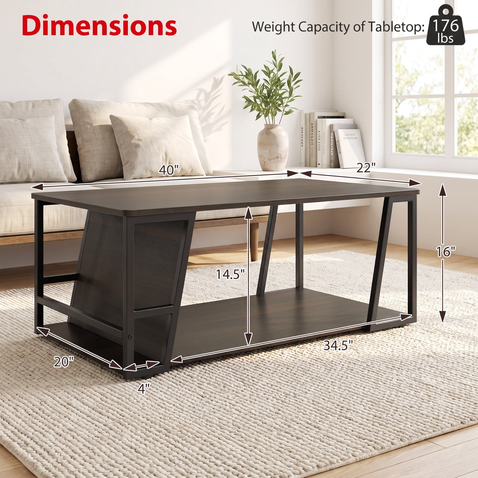 Furnibear Rectangle Industrial Coffee Table 2 Tier Accent Table with Storage Shelf and Side Compartment for Living Room, Brown
