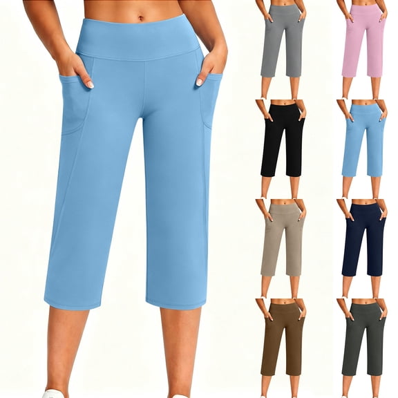 YanHoo Yoga Capris for Women Elastic Waist Pull On Stretchy Capri Pants Casual Comfy Cropped Trousers with Pockets