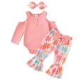 thumbnail image 1 of FOCUSNORM Baby Girl Fall Outfit Ribbed Cold Shoulder Long Sleeve Romper with Floral Pattern Flare Pants and Headband 3 Pcs Set, 1 of 9