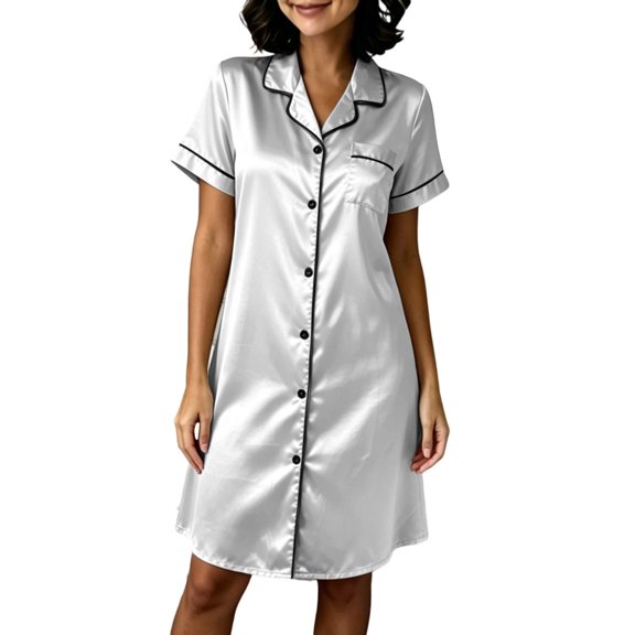 XuJwPNcy Nightgowns for Women Collar Button Down Sleepshirt Soft Short Sleeve Nightshirt with Pocket Summer Pajama Dress