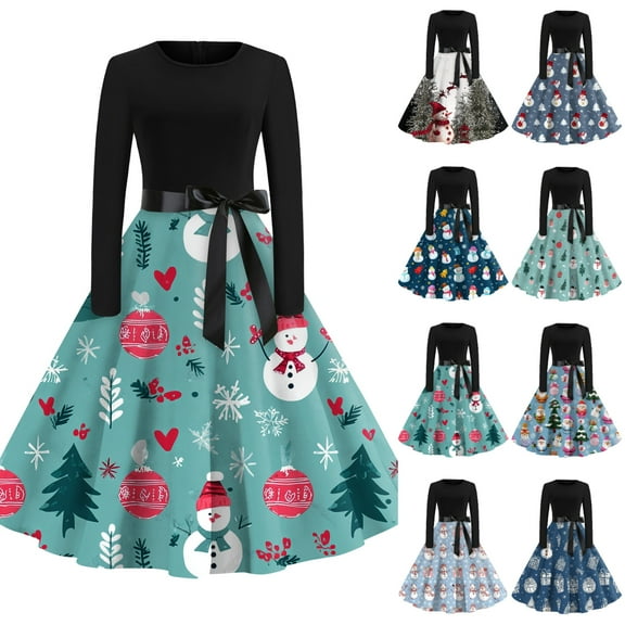 Christmas Dresses for Women Women's Fashionable And Elegant Autmn And Winter Long-sleeved Round Neck Christmas Print Dress for Holiday Party,White,S