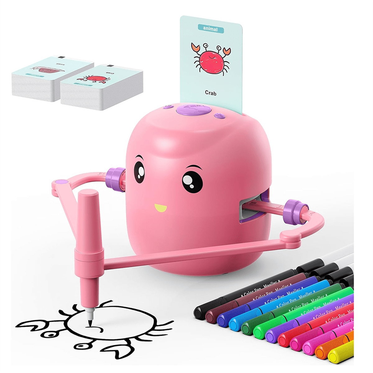 Children'S Intelligent Painting Robot, an Ideal Gift for Children over 5 Years Old,Pink,1 * drawing robot 16 * colored pens 100 * word cards,Pink