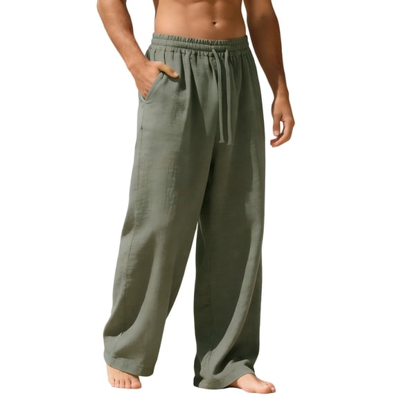 Admvng Men's Linen Pants Drawstring Stretch Casual Relaxed Full Length Pants with Pockets