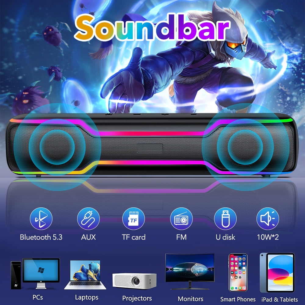 Bluetooth Speaker Soundbar, 20W PC RGB Gaming Soundbar with 3.5mm Jack Aux-in Computer Speakers, TWS Sound Bar for Desktop Laptop