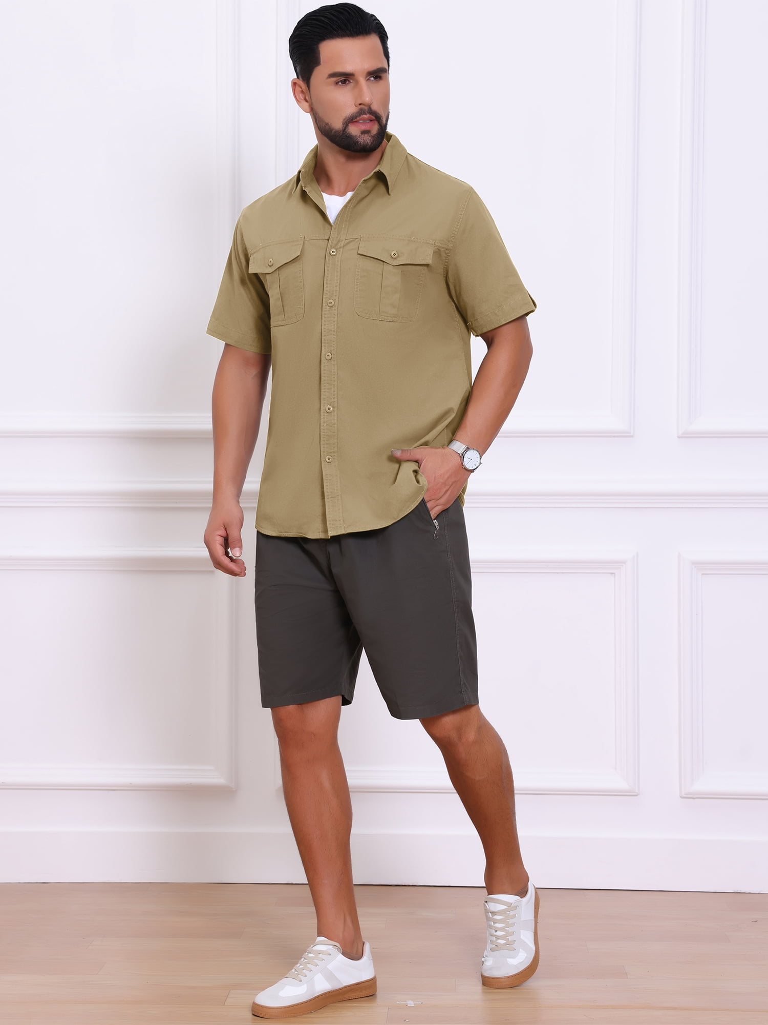 DARING DIVA Men's Fishing Shirt Summer Short Sleeve Hiking Cargo Shirts L Khaki