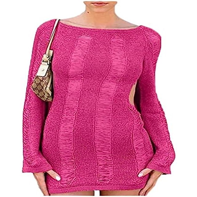 Femmes Sexy Crochet Tricot Creux sur la Robe à Manches Longues Backless Slim Fit Parti Club Nuit sur Mini Robe Cover Ups