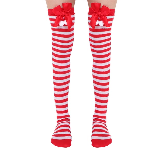 OHOIOLLA Red and White Striped Christmas Over-the-Knee Stockings with Bowknot and Pom Pom 1 Pair