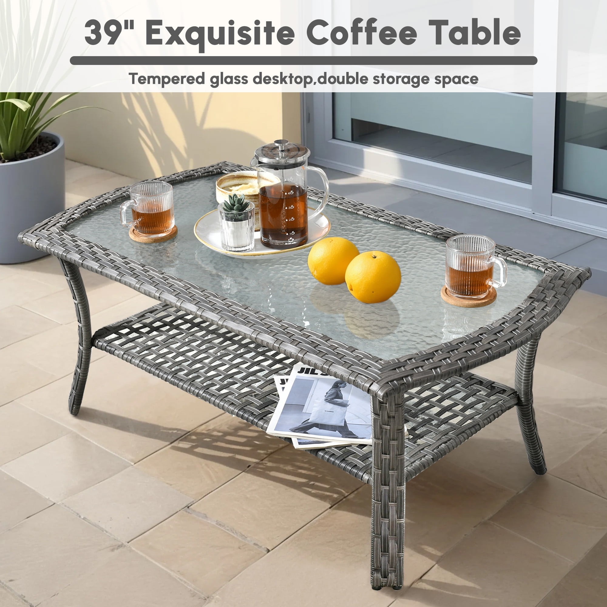 Ovios 2 Pieces Outdoor Patio Furniture High Back Wicker Rattan Outdoor Sectionals Set with Table for Backyard Balcony