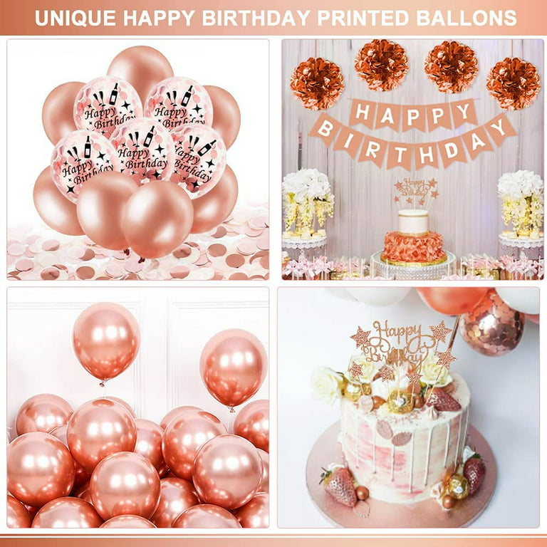 42 Pcs Set, Rose Gold Birthday Decorations,Happy Bday Banner, Balloon Arch,  Confetti Latex and Foil Balloons, Party Decoration Supplies for Girls and  Women- Birthday Decor 