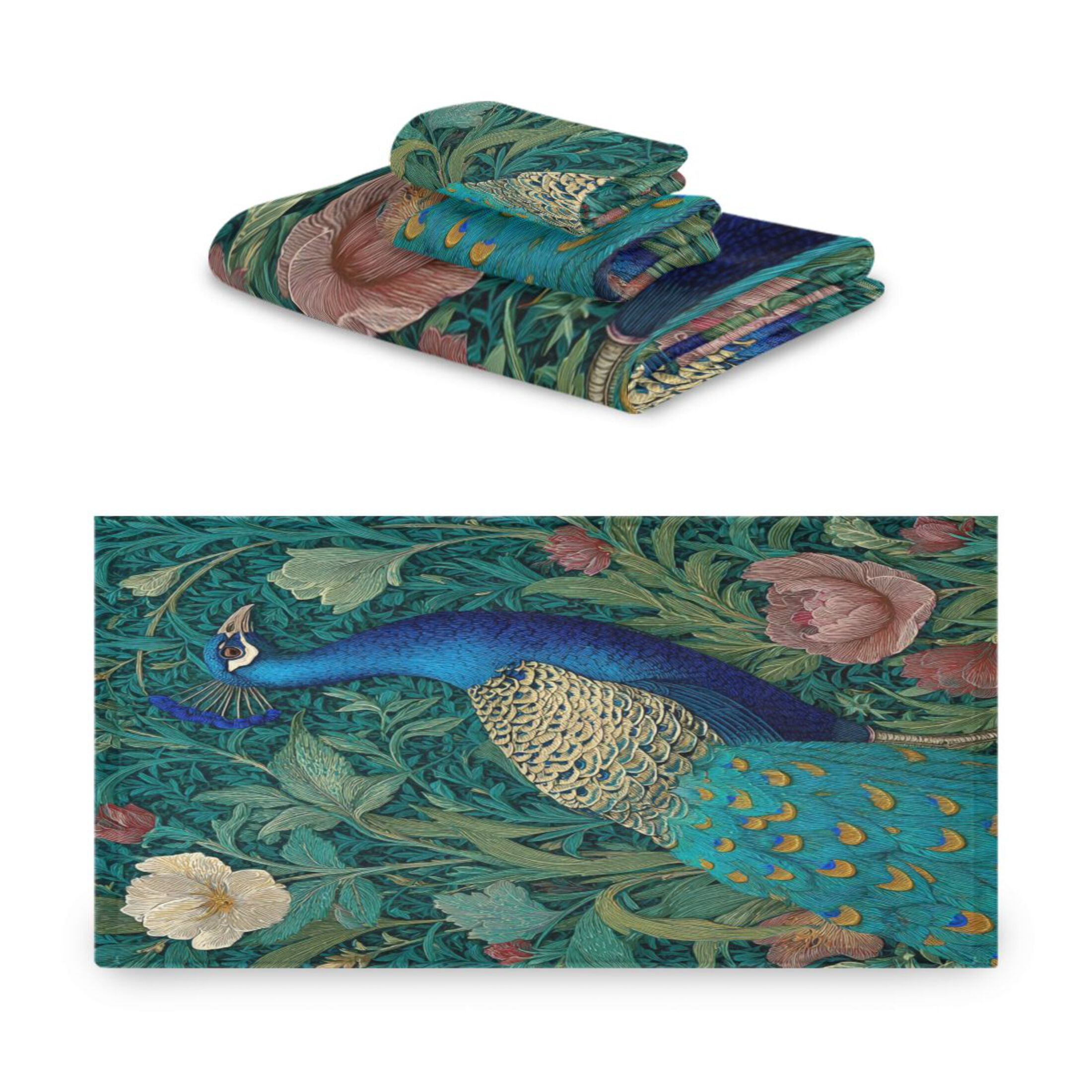 3 Piece Bath Towels Set Bath Towel, Hand Towel and Face Towel for Bathroom, Gym, Hotel Peacock Illustration