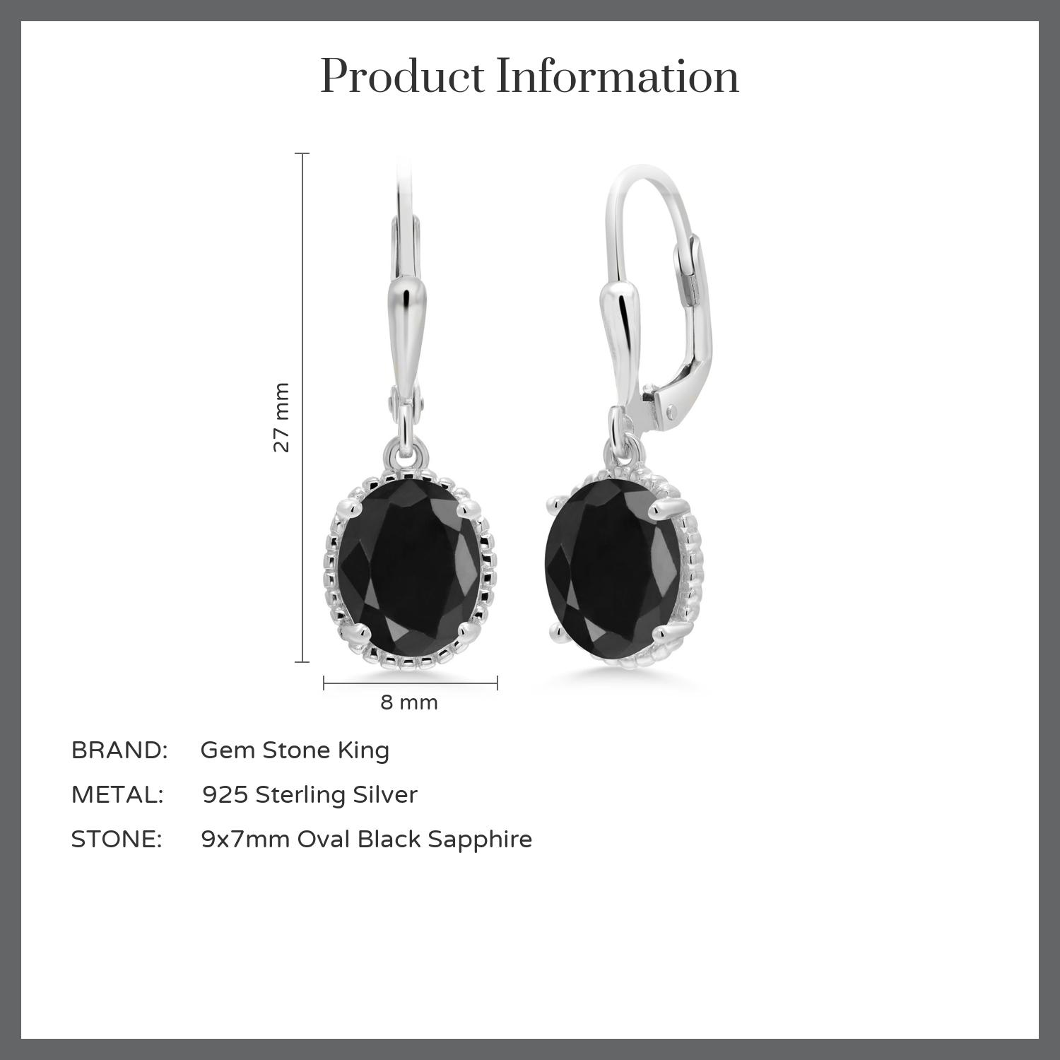 Gem Stone King 925 Sterling Silver Black Sapphire Leverback Dangle Earrings for Women (5.00 Cttw, Gemstone September Birthstone, Oval 9X7MM)
