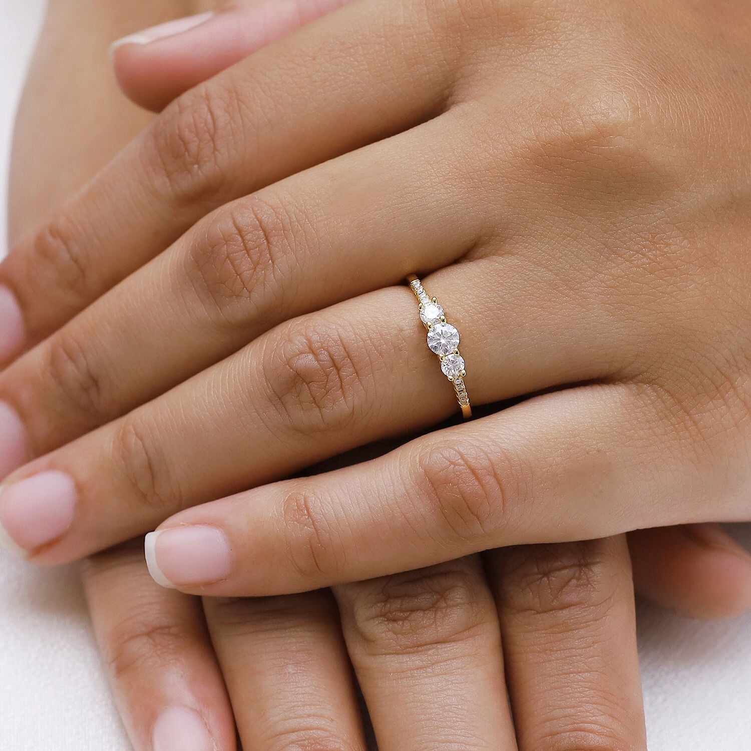 18K Yellow Gold Plated Moissanite Diamond Round 3-Stone Ring | Engagement Style Ring for Women | Promise Ring for Her (0.45 Ctw) Ring Size-6