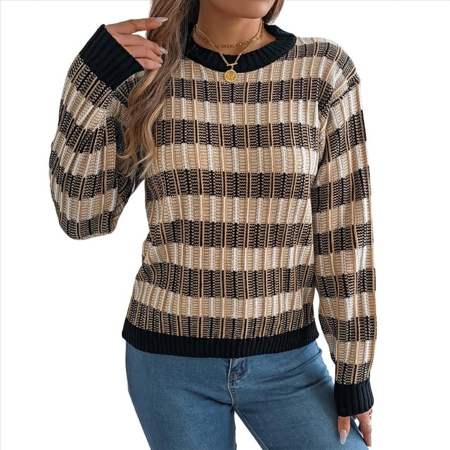 Suéter de Rayas con Bloques de Color para Mujer, Otoño-Invierno 2025, Cuello Redondo, Informal, de Punto Holgado. Negro S