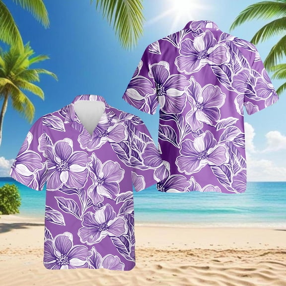 Big Hibiscus Purple Hawaiian Shirt for Men, Button Down Summer Beach Short Sleeve, Floral Style, S-5XL