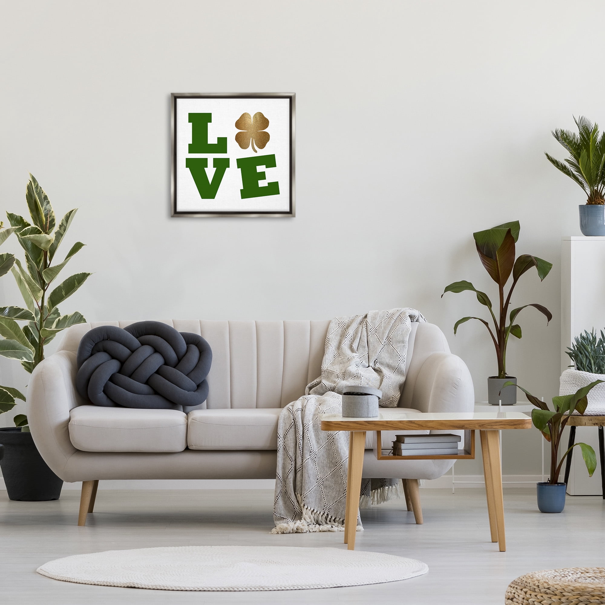 Stupell Industries St Patrick's Day Clover Love Holiday Painting Gray Floater Framed Canvas Art Print Wall Art, 25 x 25