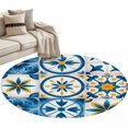thumbnail image 2 of Blue Retro Boho Round Area Rugs 3 ft, Geometric Floral Traditional Spanish Style Washable Small Area Rug with Non-Slip Sturdy Edge Binding Round Front Door Mat Floor Carpet for Entryway, 2 of 9