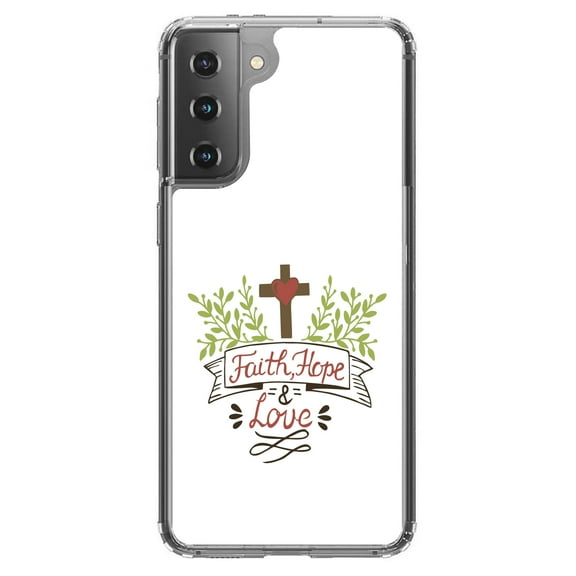 DistinctInk Clear Shockproof Hybrid Case for Galaxy S21 5G (6.2" Screen) - TPU Bumper, Acrylic Back, Tempered Glass Screen Protector - Faith, Hope & Love - Cross & Leaves