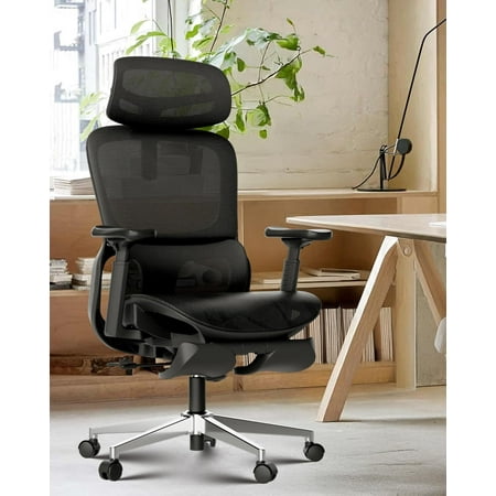 Hbada P2 Ergonomic Office Chair, Office Chair with 3D Lumbar Support, Mesh Chairs with 3D 360° Rotation Arm & 3D Headrest, 135° Stepless Tilt Function, Black(with Footrest)