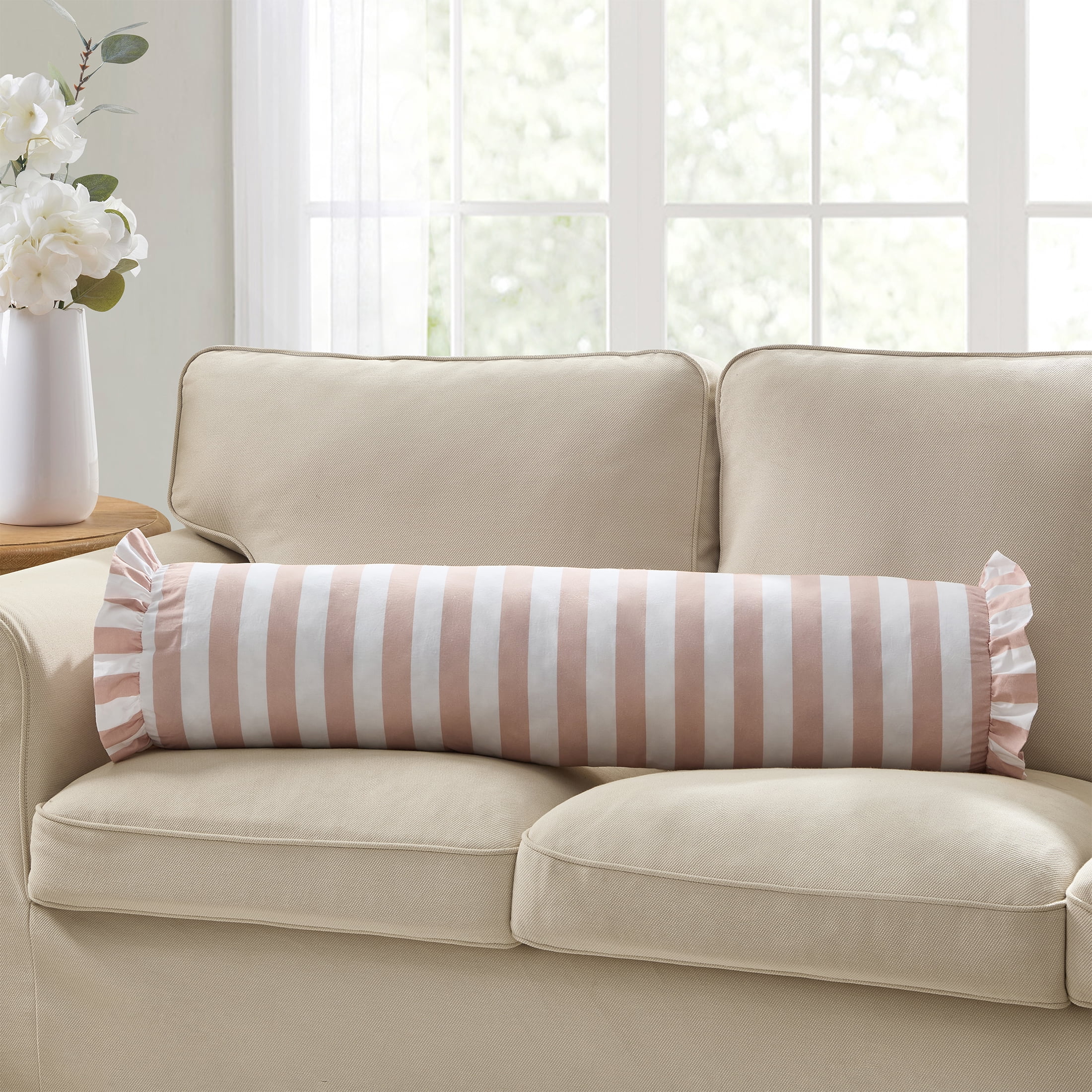 My Texas House 8 in x 36 in Pink/White Stripe Bolster Decorative Pillow