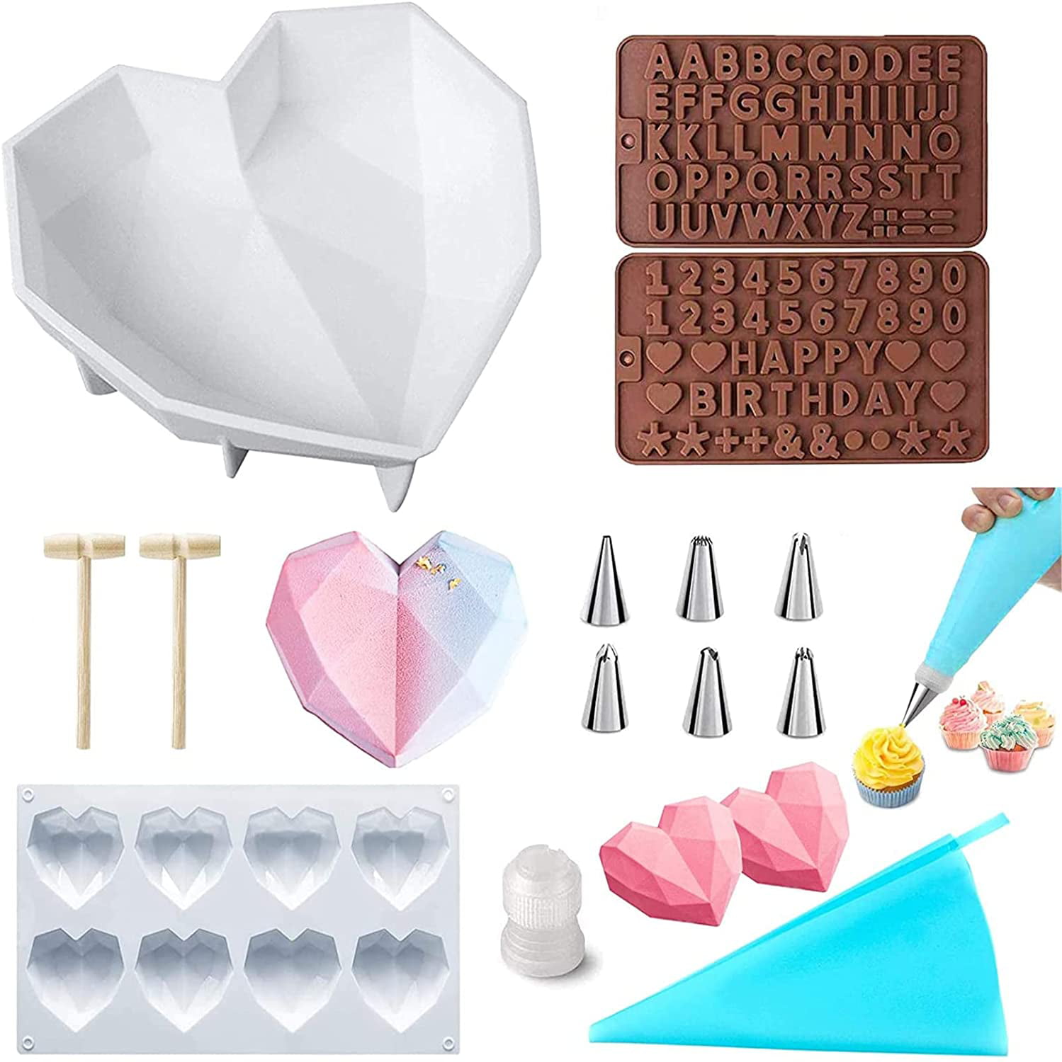 Diamond Heart Shape Silicone Cake Mold and Silicone Letter Mold and Number Chocolate Mold with 3 Pieces Mini Wooden Hammers 2 Pieces Dropper for Home Kitchen DIY Baking Tools 