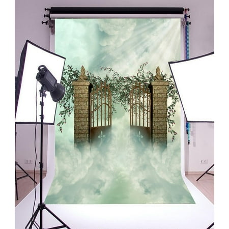 Best GreenDecor Polyester 5x7ft Photography Backdrop Dreamland Fairytale Holy Lights Brick Pillar Metal Gate Flowers Green Vine Heaven Blue Sky White Cloud Fantasy B deal