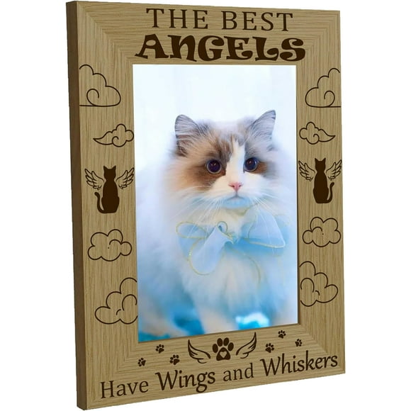 Cat Picture Frame Pet Wood Photo Frames Engraved Display Wooden Tabletop Memorial Gifts for Hanging Wall Gallery Christmas Home Desk Decor 4x6Inch-the Best Angels Have Wings and Whiskers
