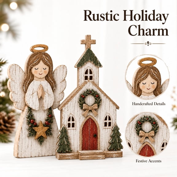 Rustic Wooden Angel and Church Figurines with Handcrafted Wreath Details, 2-Piece Set, Distressed White Wood, for Mantel and Table Display, Christmas Decoration