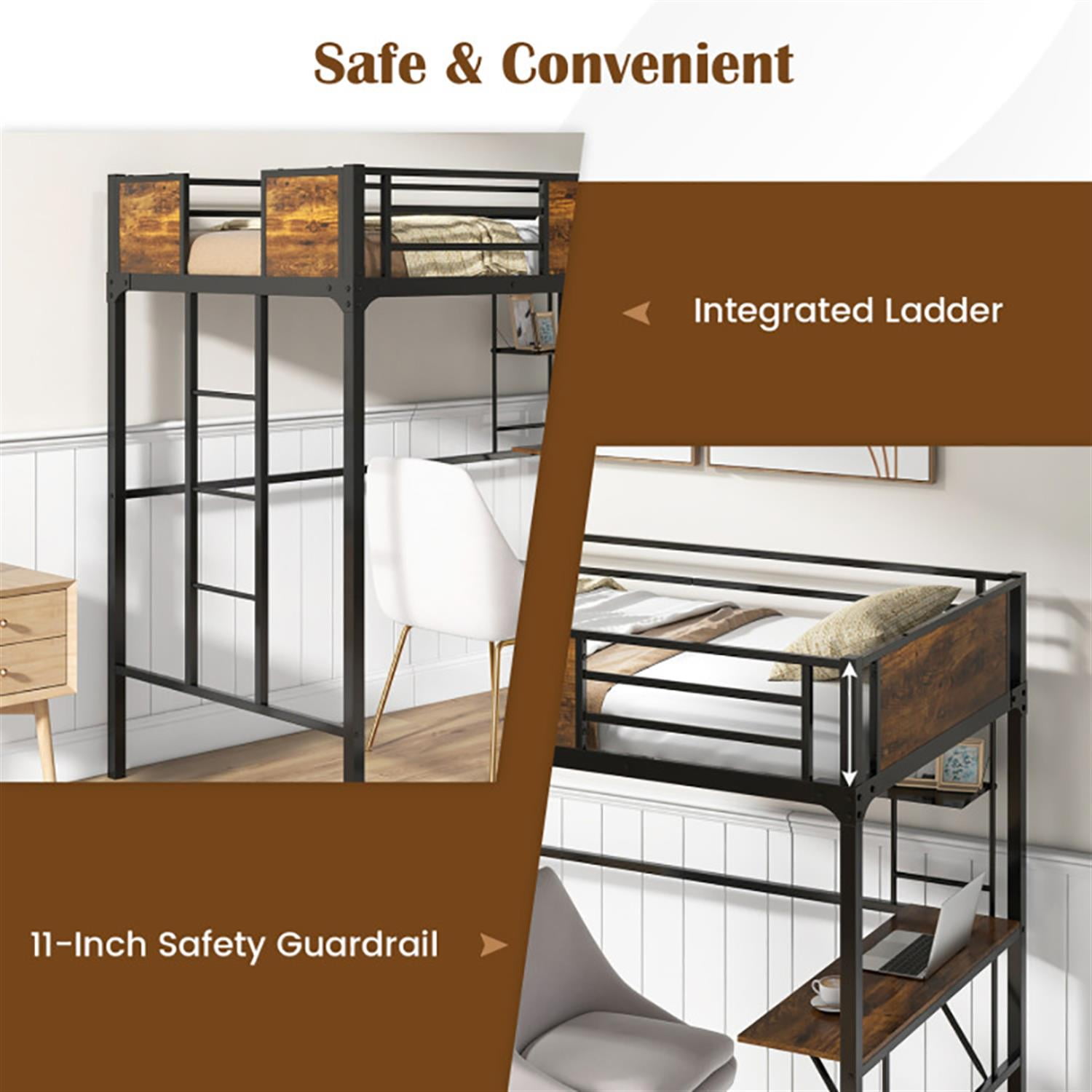 Demi Bonn Twin Size Industrial Metal Loft Bed with Desk Storage Shelf and Build-in Ladder for Teens, Black