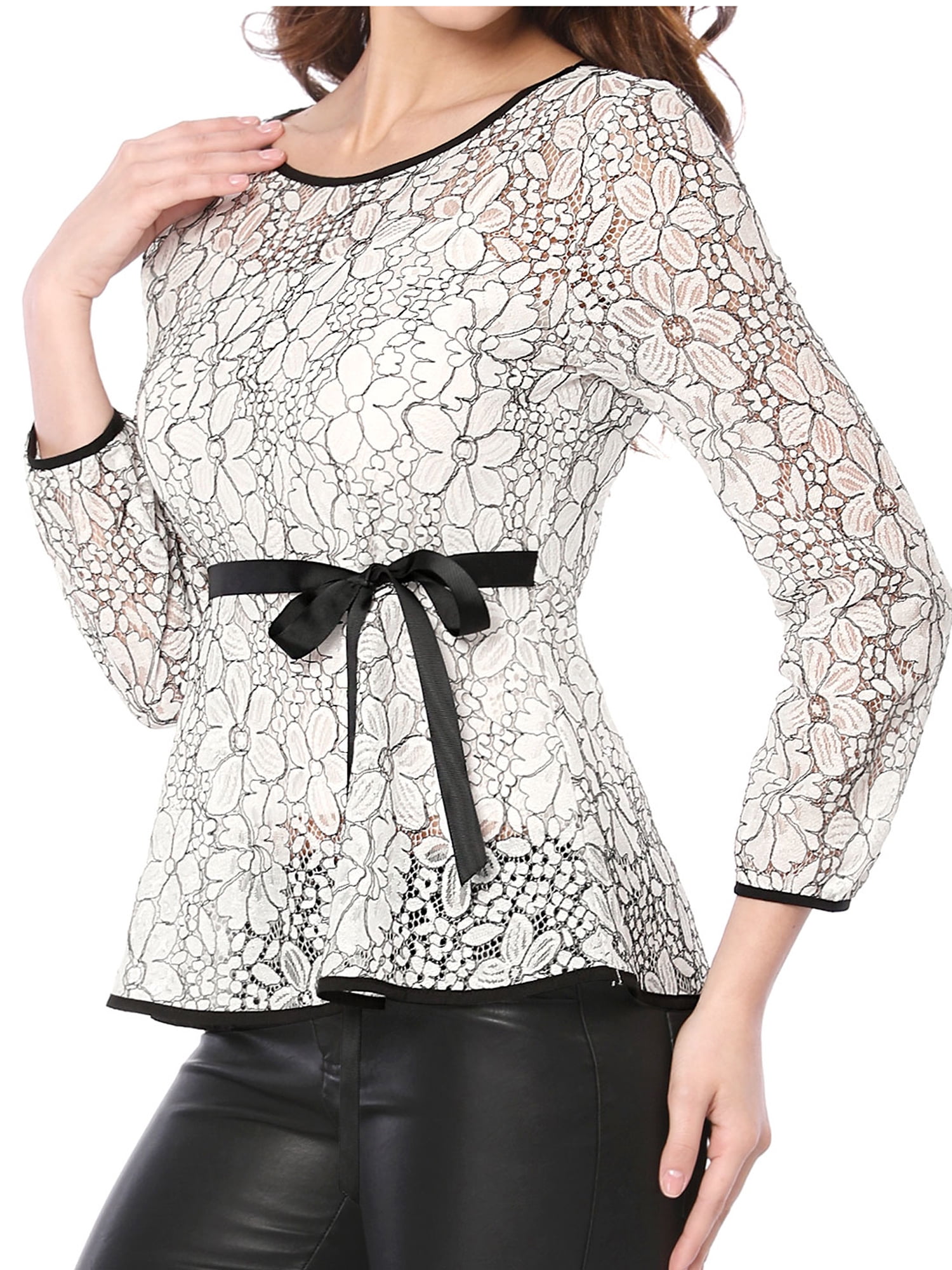 DARING DIVA Self-Tie Waist Semi Sheer Peplum Top XL White