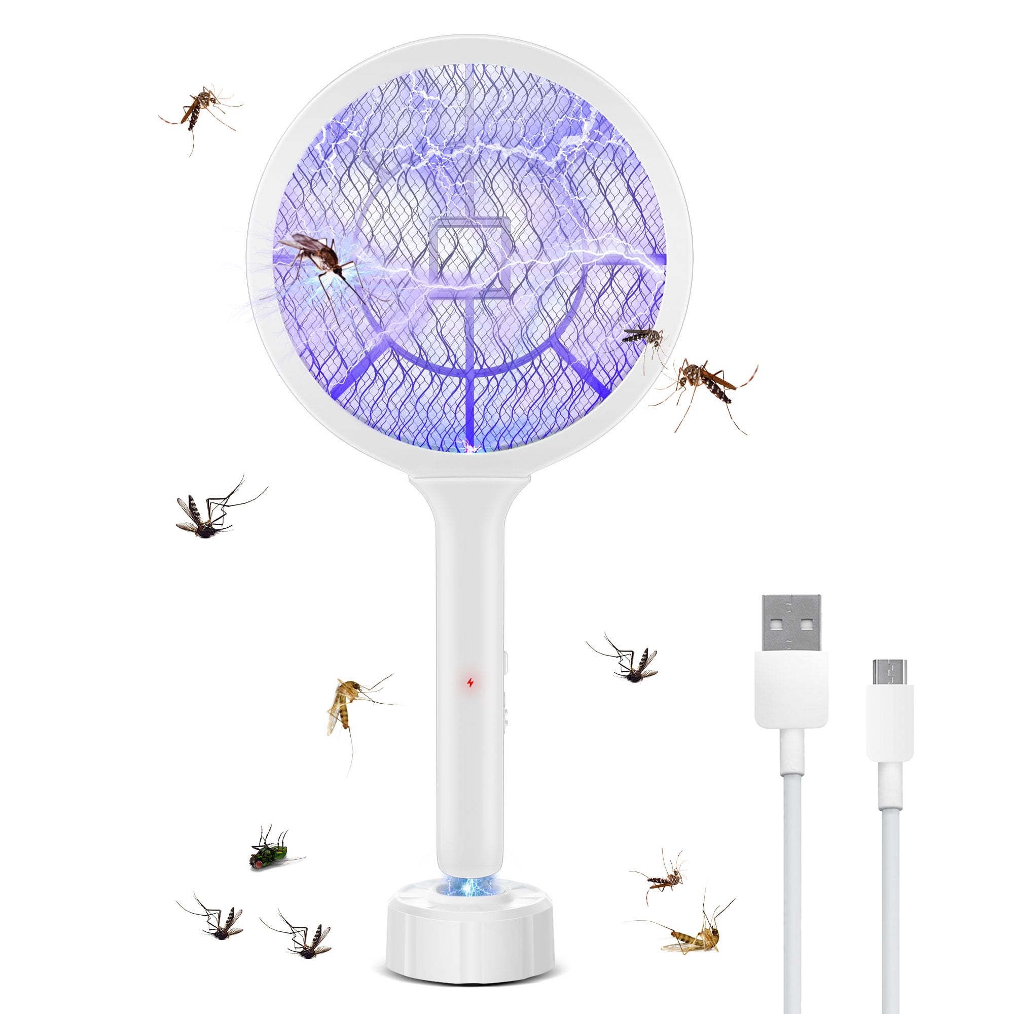 Electric Fly Swatter 3000V Bug Zapper Racket Dual Modes Mosquito Killer with Purple Mosquito Light Rechargeable for Indoor Home Office Backyard Patio Camping (White)