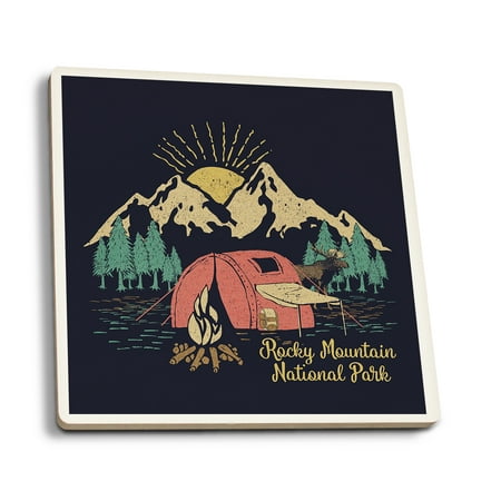 

Rocky Mountain National Park Colorado Camping Scene (Absorbent Ceramic Coasters Set of 4 Matching Images Cork Back Kitchen Table Decor)