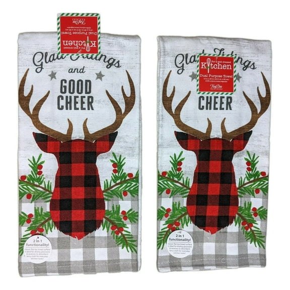 Set of 2 GLAD TIDINGS & GOOD CHEER Christmas Stag Terry Kitchen Towels by Kay Dee Designs