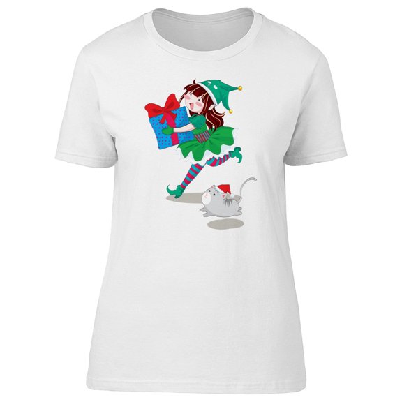 Elf Girl With Gift & Cute Kitten Tee Women's -Image by Shutterstock