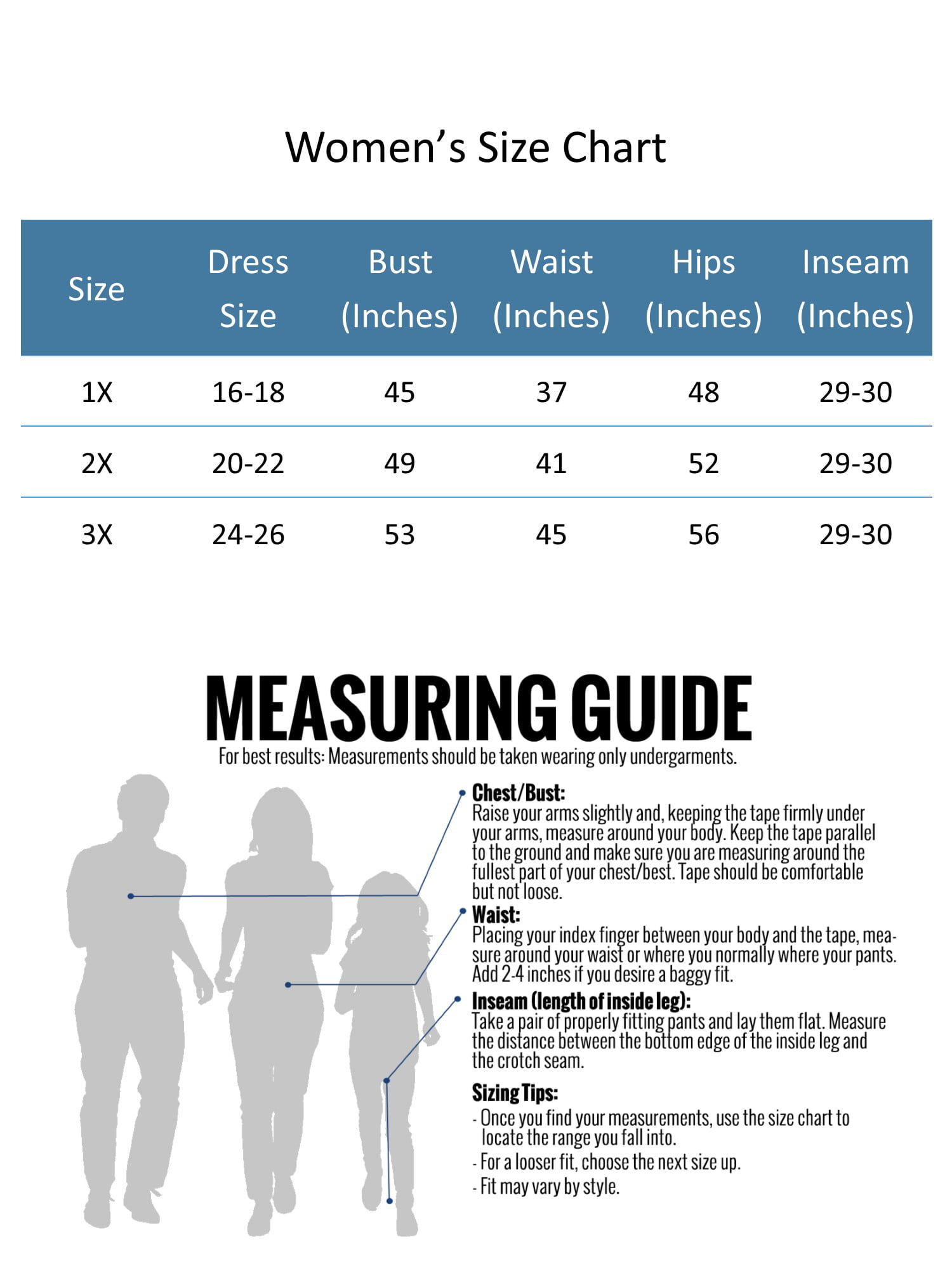 Camisole Size Chart