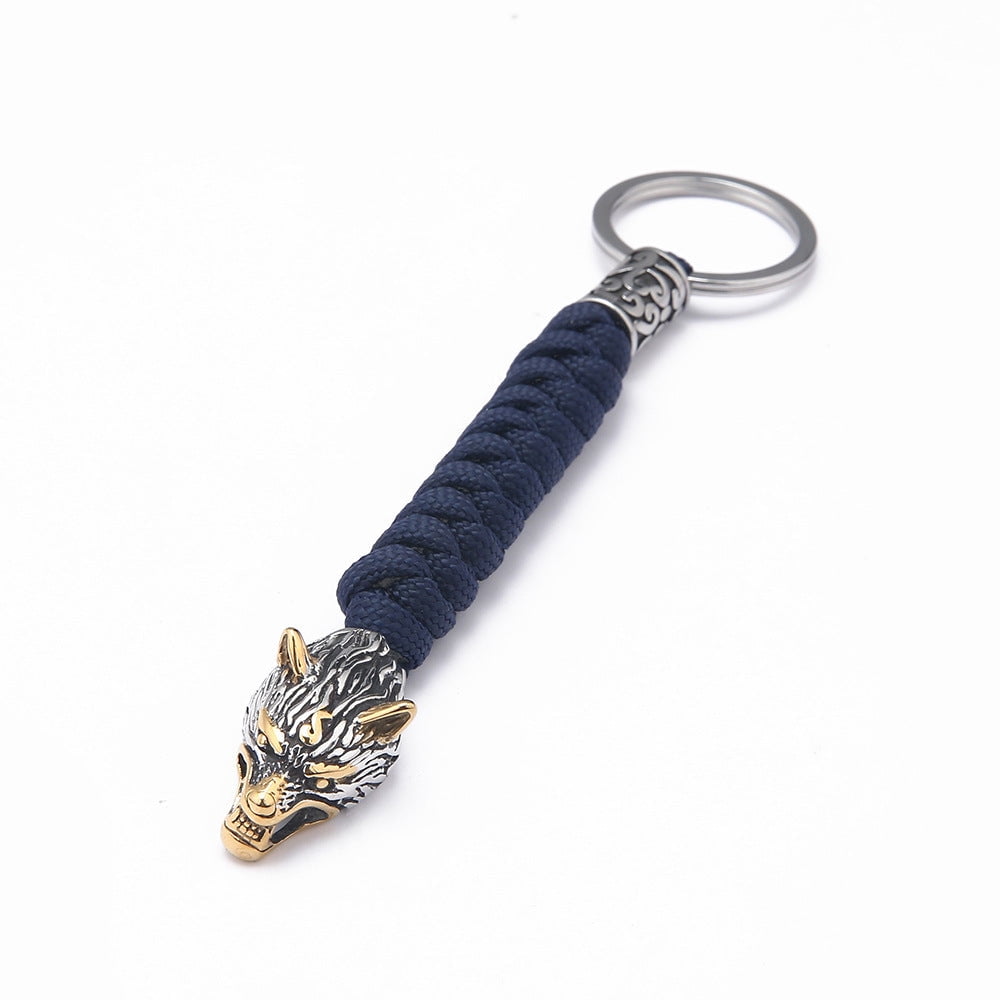 Paracord Key Ring with Wolf Head and Beads Durable Rope Weaving Keychain Stainless Steel Keyring 15cm Length Paracord